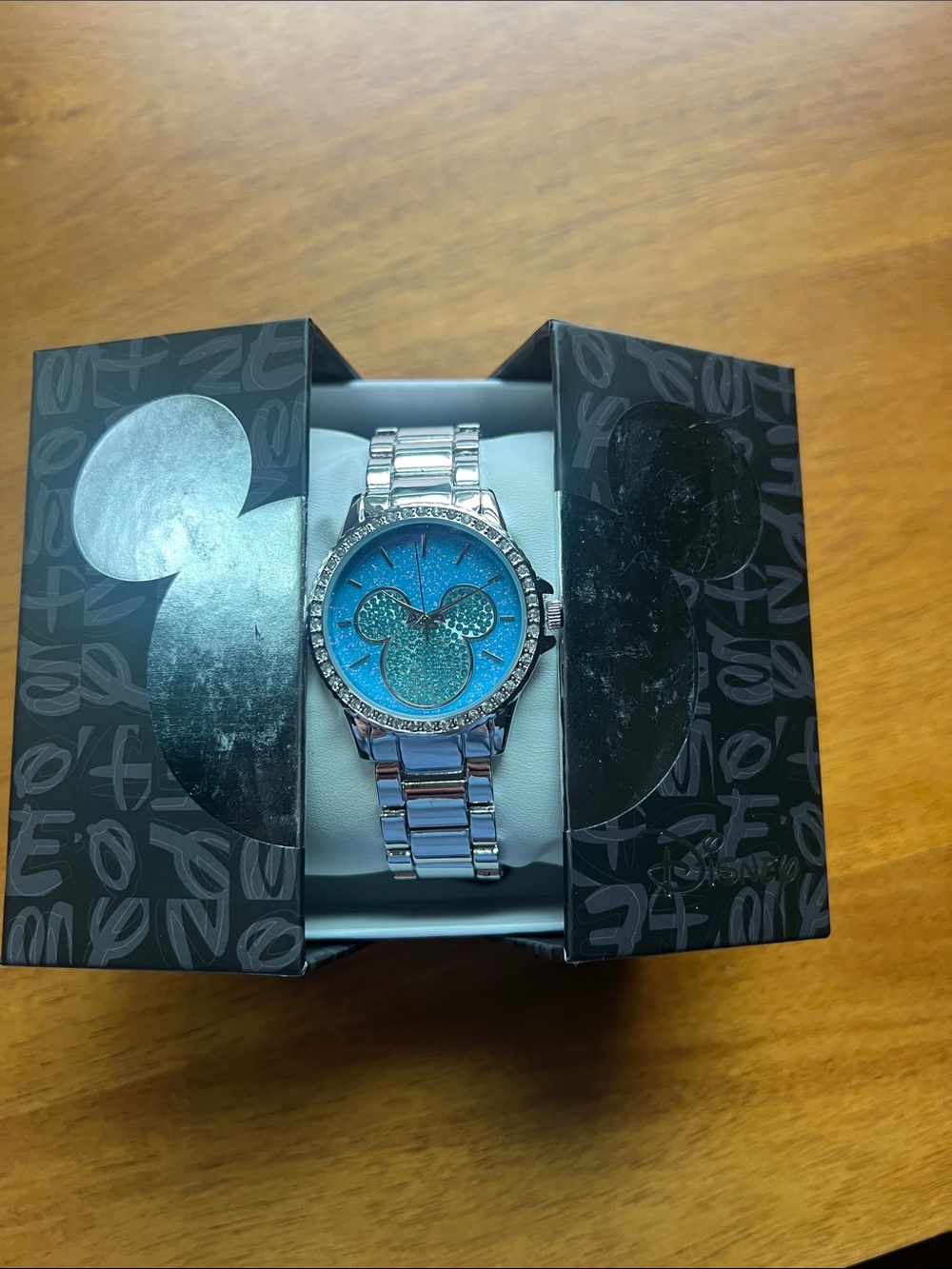 Disney Silver Bracelet Watch with Turquoise Glitter Mickey Dial
